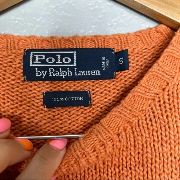 1990s Vintage Polo Ralph Lauren Preppy Sweater 100% Cotton Orange Pullover sz S - Picture 3 of 5